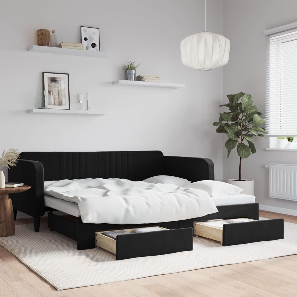 Slaapbank met onderschuifbed en lades 90x190 cm fluweel zwart is nu te koop bij PeponiXL, paradijselijk wonen!