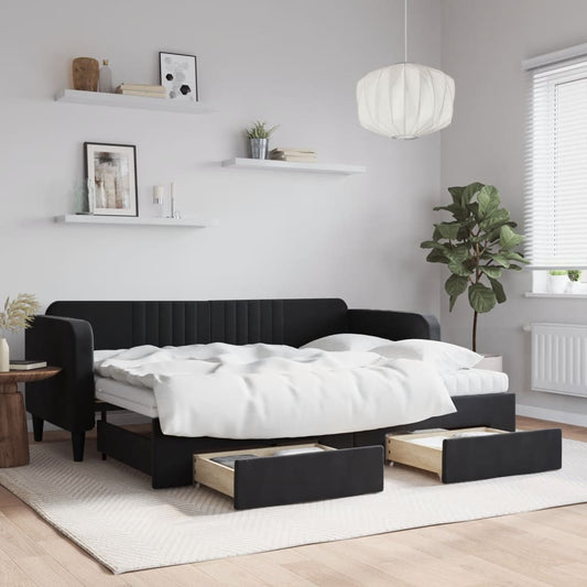 Slaapbank met onderschuifbed en lades 80x200 cm fluweel zwart is nu te koop bij PeponiXL, paradijselijk wonen!