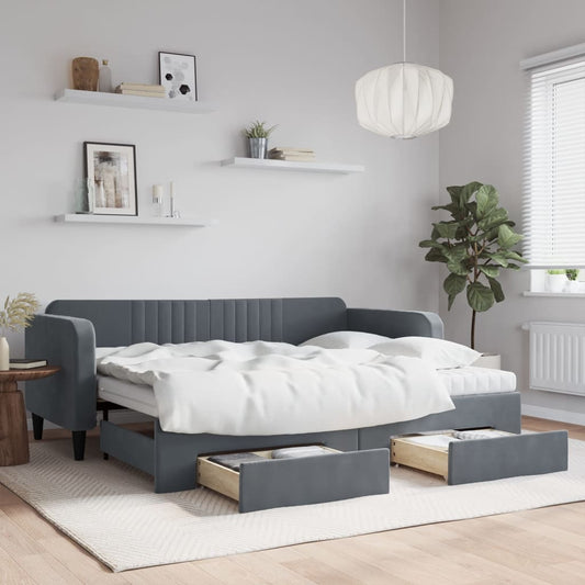 Slaapbank onderschuifbed en lades 90x200 cm fluweel donkergrijs is nu te koop bij PeponiXL, paradijselijk wonen!