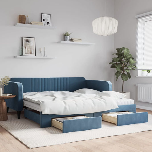 Slaapbank met onderschuifbed en lades 100x200 cm fluweel blauw is nu te koop bij PeponiXL, paradijselijk wonen!
