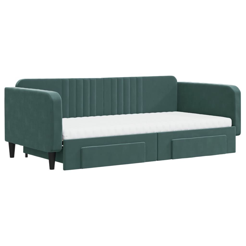 Slaapbank onderschuifbed lades 100x200 cm fluweel donkergroen is nu te koop bij PeponiXL, paradijselijk wonen!