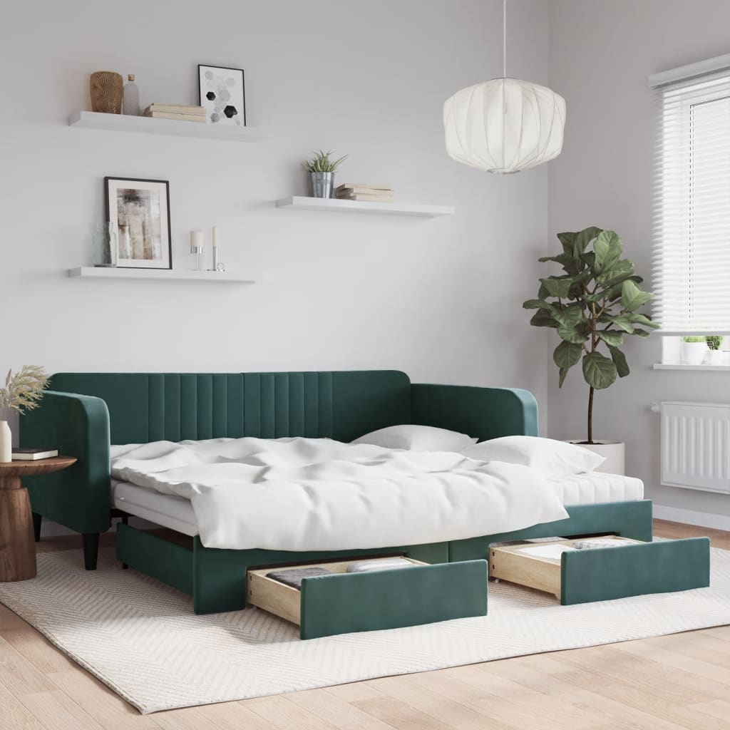 Slaapbank onderschuifbed lades 100x200 cm fluweel donkergroen is nu te koop bij PeponiXL, paradijselijk wonen!
