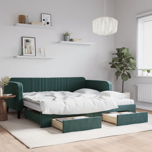 Slaapbank onderschuifbed lades 100x200 cm fluweel donkergroen is nu te koop bij PeponiXL, paradijselijk wonen!