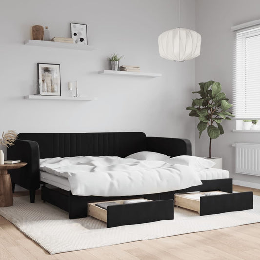 Slaapbank met onderschuifbed en lades 100x200 cm fluweel zwart is nu te koop bij PeponiXL, paradijselijk wonen!