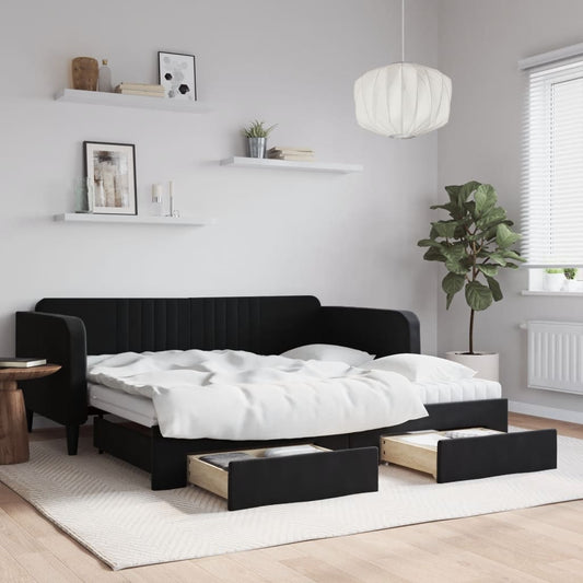 Slaapbank met onderschuifbed en lades 90x190 cm fluweel zwart is nu te koop bij PeponiXL, paradijselijk wonen!