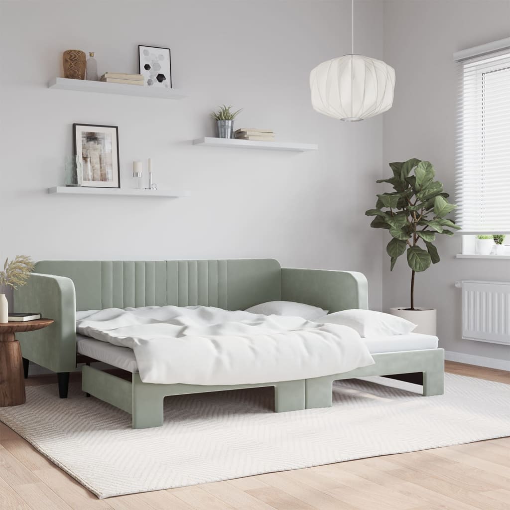 Slaapbank met onderschuifbed 100x190 cm fluweel lichtgrijs is nu te koop bij PeponiXL, paradijselijk wonen!