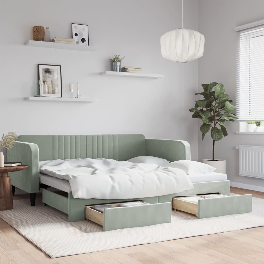 Slaapbank met uitschuifbed lades 100x190 cm fluweel lichtgrijs is nu te koop bij PeponiXL, paradijselijk wonen!