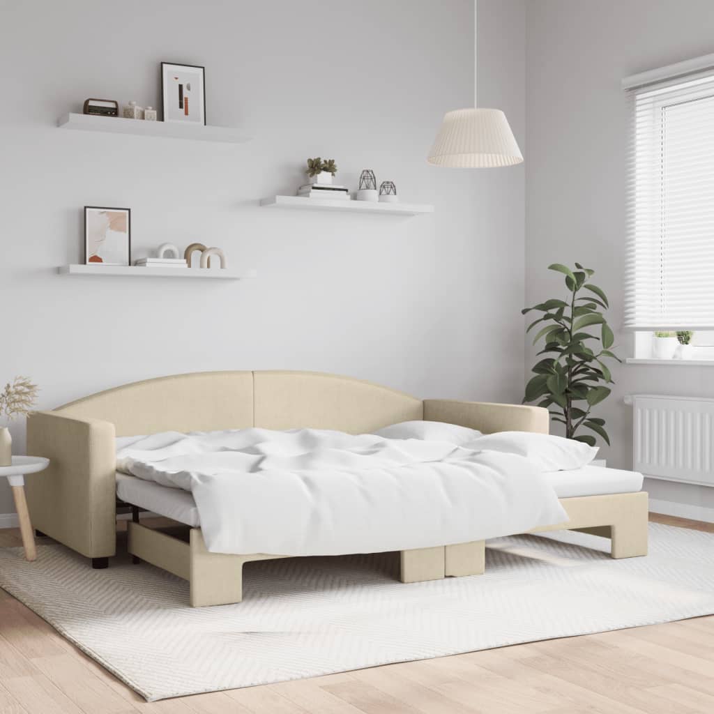 Slaapbank met onderschuifbed 90x200 cm stof crèmekleurig is nu te koop bij PeponiXL, paradijselijk wonen!