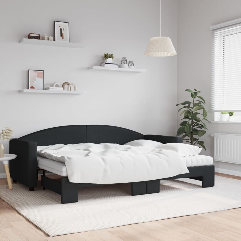 Slaapbank met onderschuifbed en matrassen 80x200 cm stof zwart is nu te koop bij PeponiXL, paradijselijk wonen!