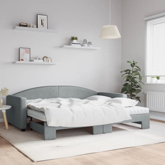 Slaapbank onderschuifbed en matrassen 90x200 cm stof lichtgrijs is nu te koop bij PeponiXL, paradijselijk wonen!