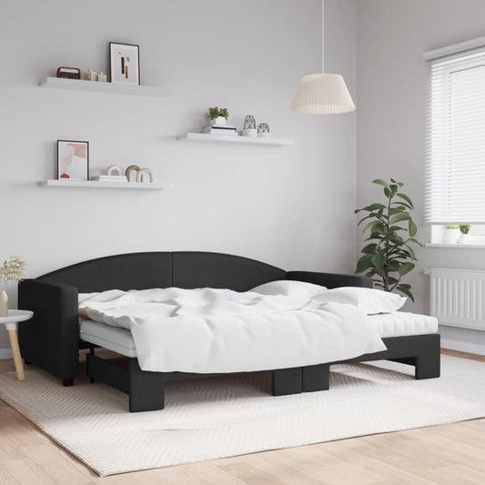 Slaapbank met onderschuifbed en matrassen 90x200 cm stof zwart is nu te koop bij PeponiXL, paradijselijk wonen!