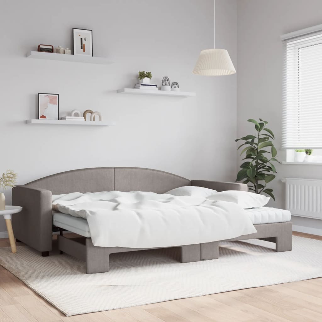 Slaapbank met onderschuifbed en matrassen 90x200 cm stof taupe is nu te koop bij PeponiXL, paradijselijk wonen!