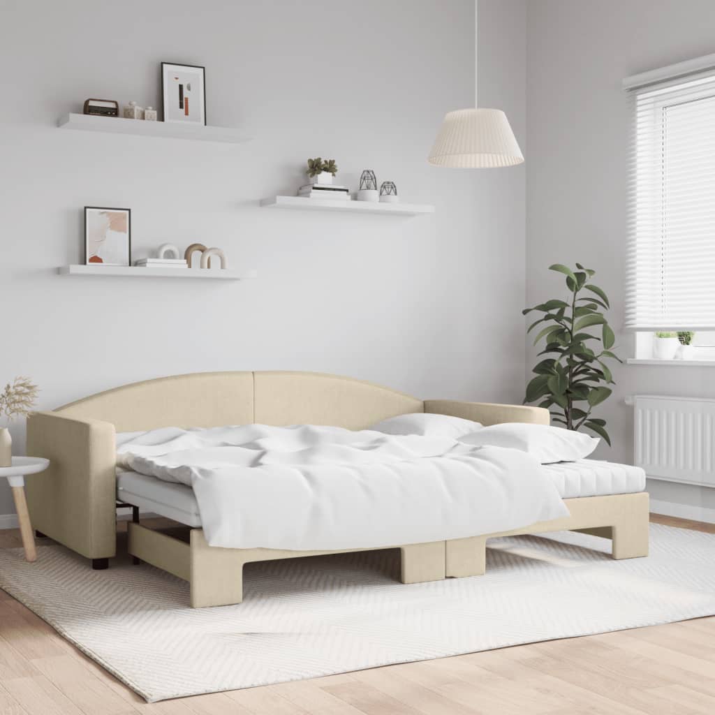 Slaapbank met onderschuifbed en matrassen 90x200 cm stof crème is nu te koop bij PeponiXL, paradijselijk wonen!