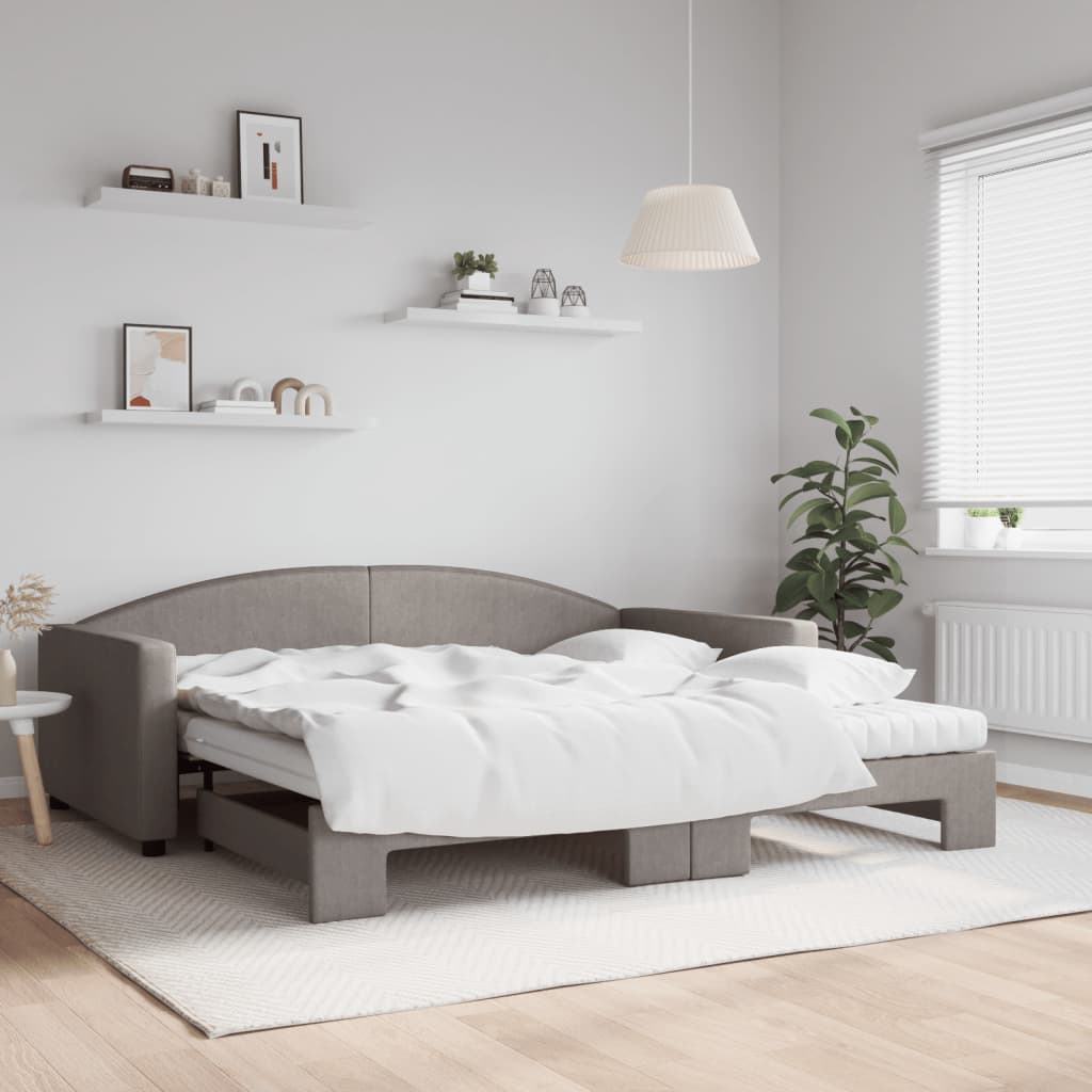 Slaapbank met onderschuifbed en matrassen 100x200 cm stof taupe is nu te koop bij PeponiXL, paradijselijk wonen!