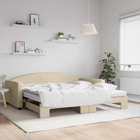Slaapbank met onderschuifbed en matrassen 100x200 cm stof crème is nu te koop bij PeponiXL, paradijselijk wonen!