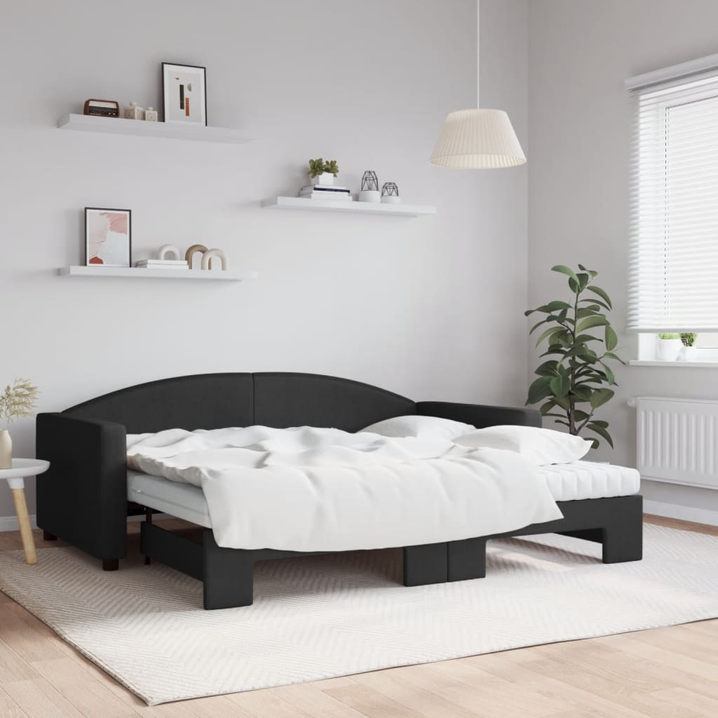 Slaapbank met onderschuifbed en matrassen 90x190 cm stof zwart is nu te koop bij PeponiXL, paradijselijk wonen!