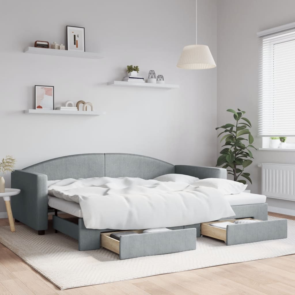 Slaapbank met onderschuifbed en lades 90x200 cm stof lichtgrijs is nu te koop bij PeponiXL, paradijselijk wonen!