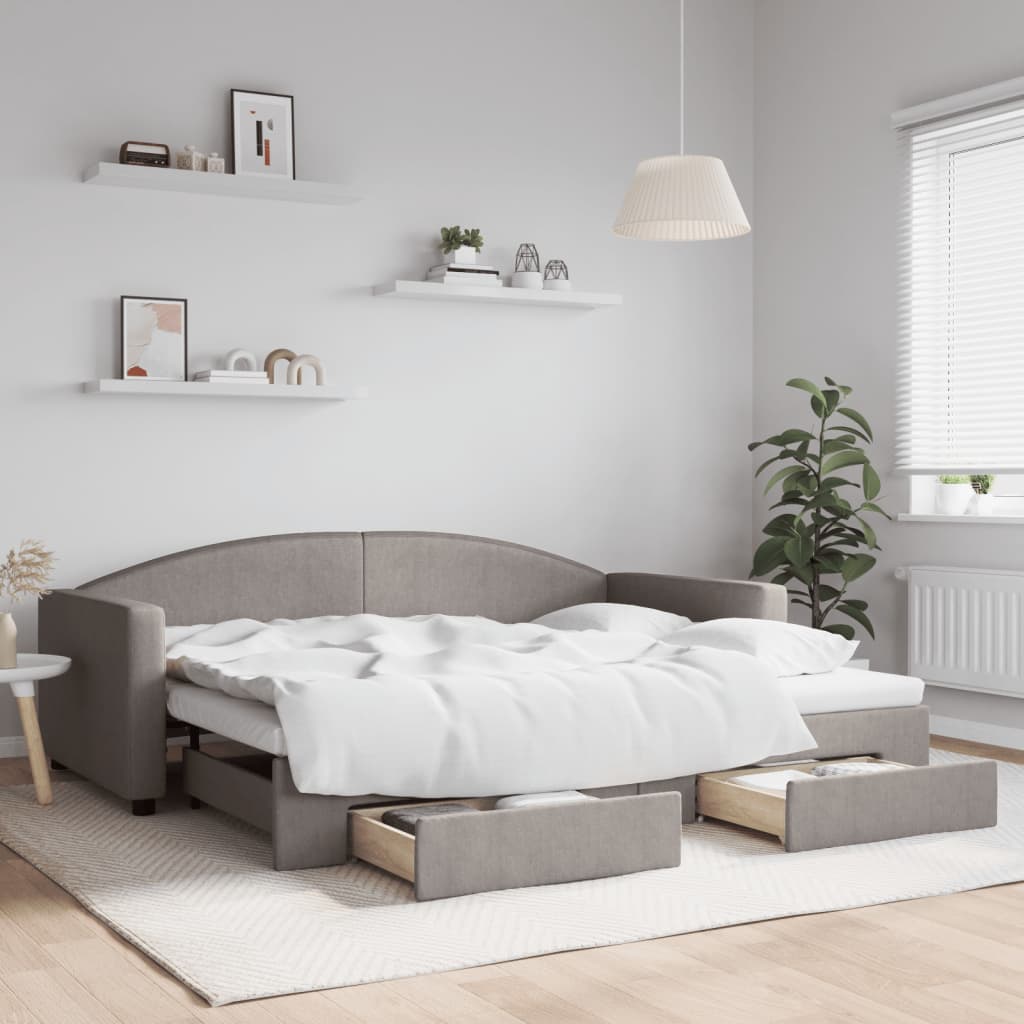 Slaapbank met onderschuifbed en lades 90x200 cm stof taupe is nu te koop bij PeponiXL, paradijselijk wonen!