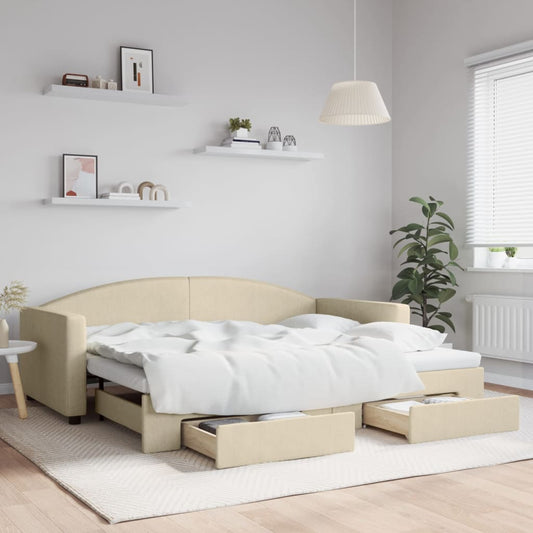 Slaapbank met onderschuifbed en lades 90x200 cm stof crèmekleur is nu te koop bij PeponiXL, paradijselijk wonen!