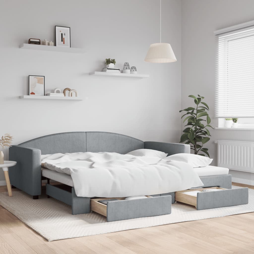 Slaapbank onderschuifbed en lades 100x200 cm stof lichtgrijs is nu te koop bij PeponiXL, paradijselijk wonen!