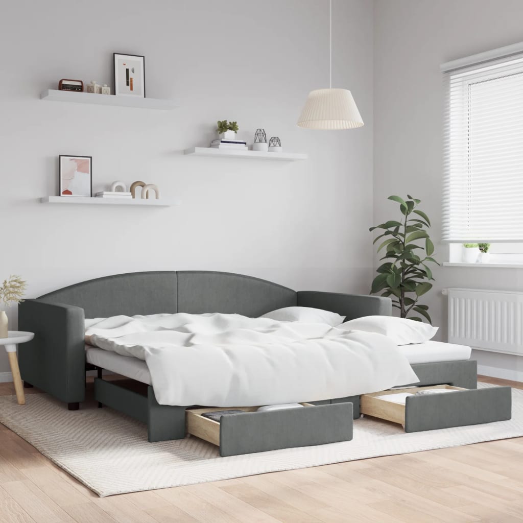 Slaapbank onderschuifbed en lades 100x200 cm stof donkergrijs is nu te koop bij PeponiXL, paradijselijk wonen!