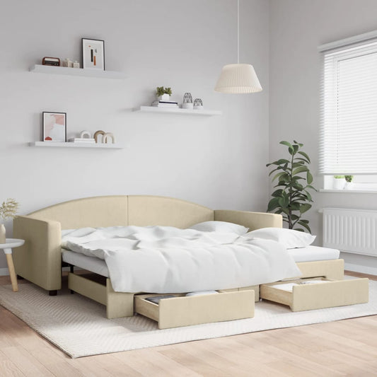 Slaapbank met onderschuifbed en lades 100x200 cm stof crème is nu te koop bij PeponiXL, paradijselijk wonen!
