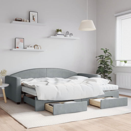 Slaapbank met onderschuifbed en lades 90x200 cm stof lichtgrijs is nu te koop bij PeponiXL, paradijselijk wonen!