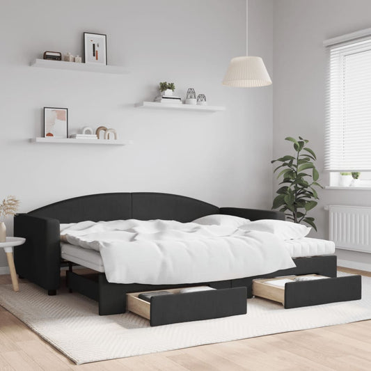 Slaapbank met onderschuifbed en lades 90x200 cm stof zwart is nu te koop bij PeponiXL, paradijselijk wonen!