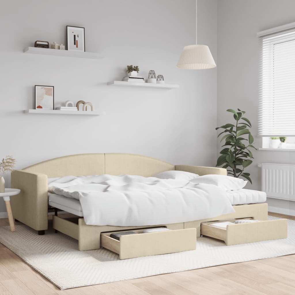 Slaapbank met onderschuifbed en lades 90x200 cm stof crèmekleur is nu te koop bij PeponiXL, paradijselijk wonen!