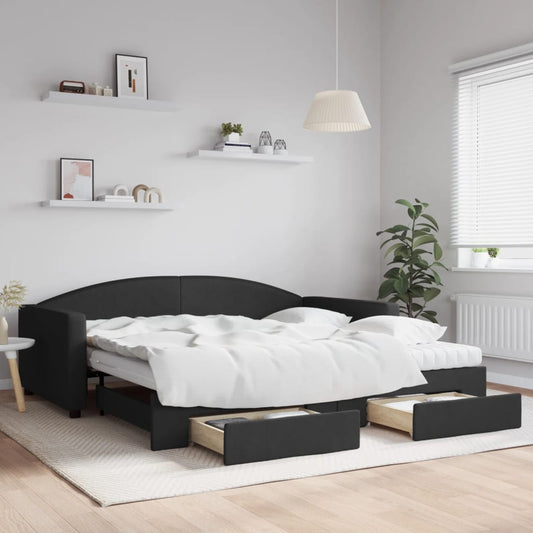 Slaapbank met onderschuifbed en lades 100x200 cm stof zwart is nu te koop bij PeponiXL, paradijselijk wonen!
