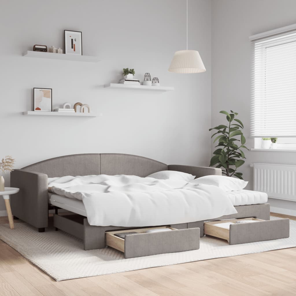 Slaapbank met onderschuifbed en lades 100x200 cm stof taupe is nu te koop bij PeponiXL, paradijselijk wonen!