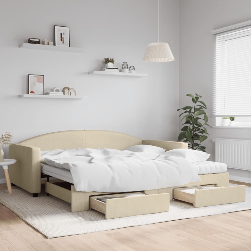 Slaapbank met onderschuifbed en lades 100x200 cm stof crème is nu te koop bij PeponiXL, paradijselijk wonen!