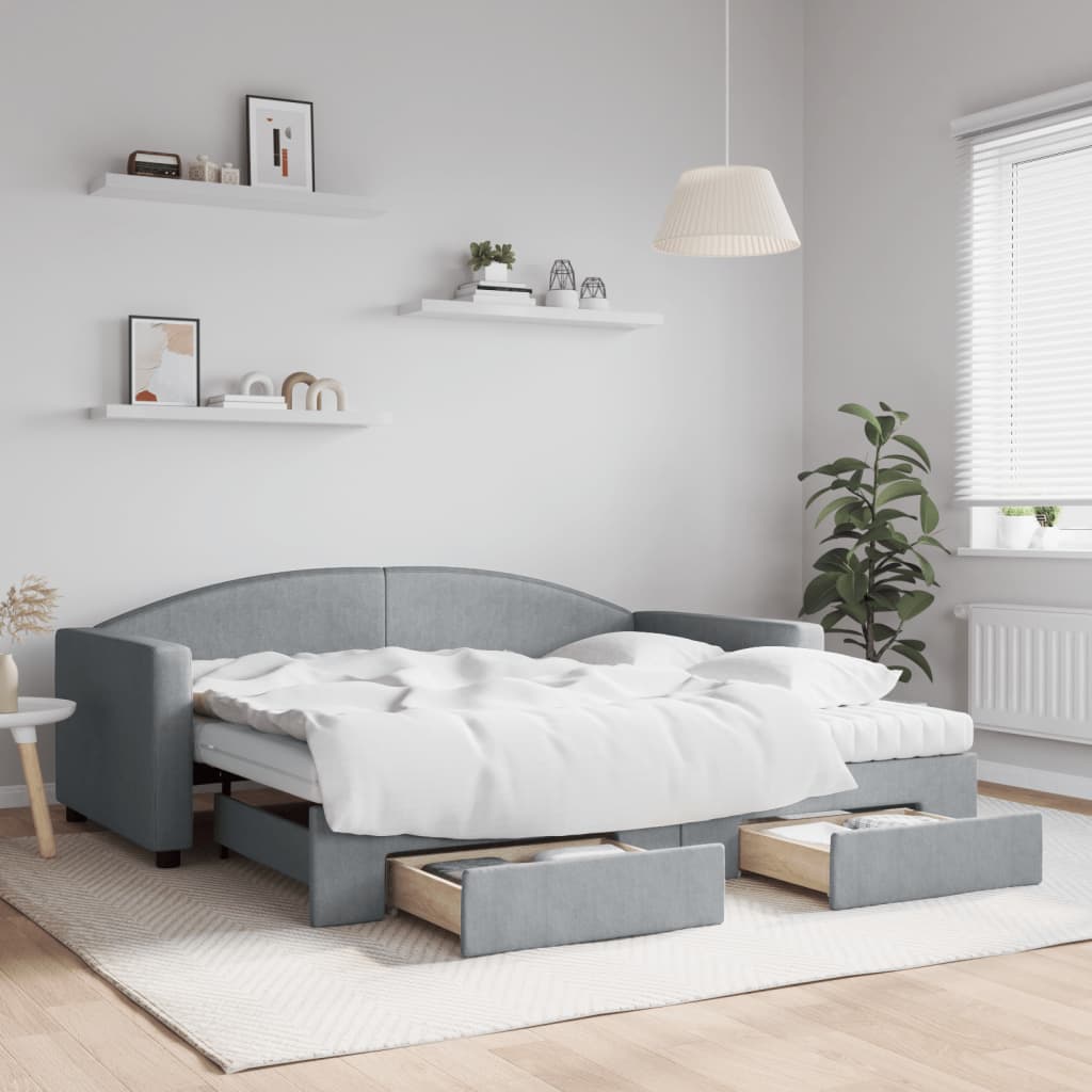 Slaapbank met onderschuifbed en lades 90x190 cm stof lichtgrijs