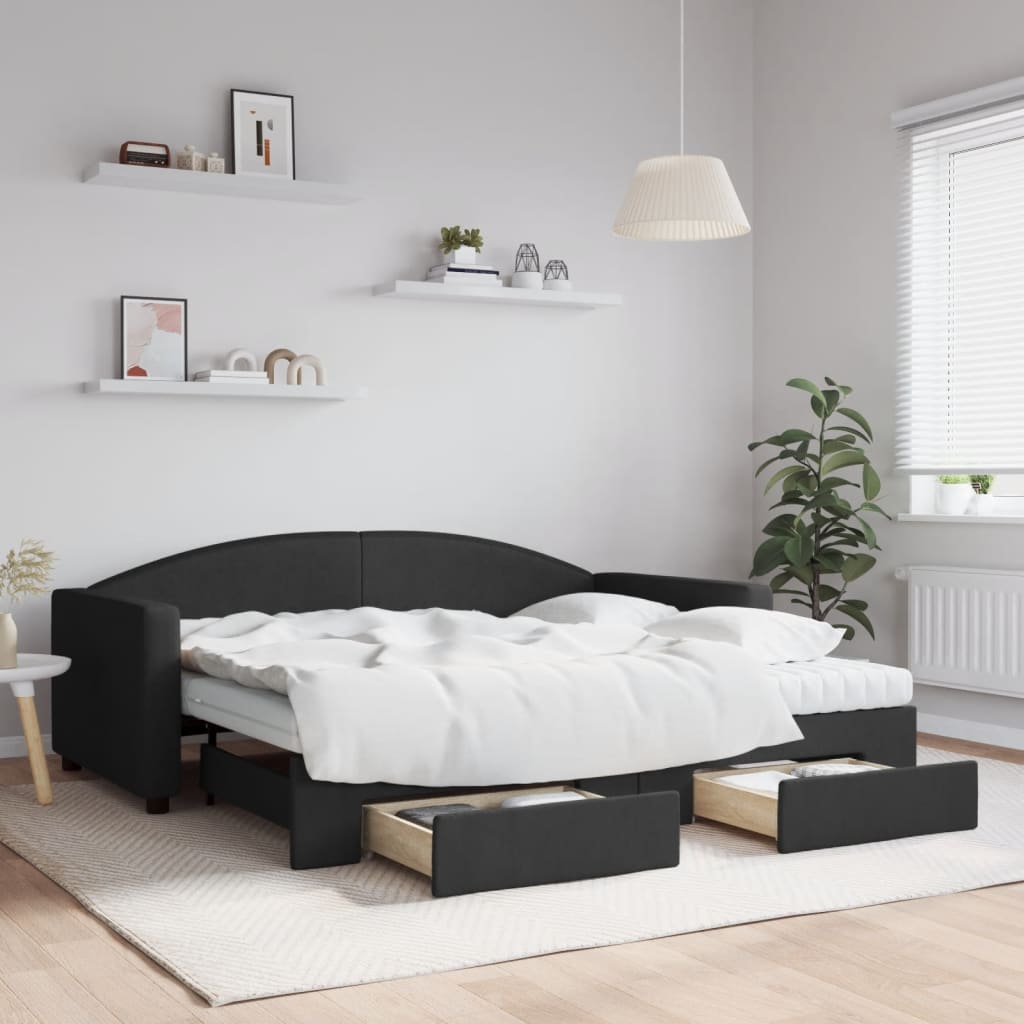 Slaapbank met onderschuifbed en lades 90x190 cm stof zwart is nu te koop bij PeponiXL, paradijselijk wonen!