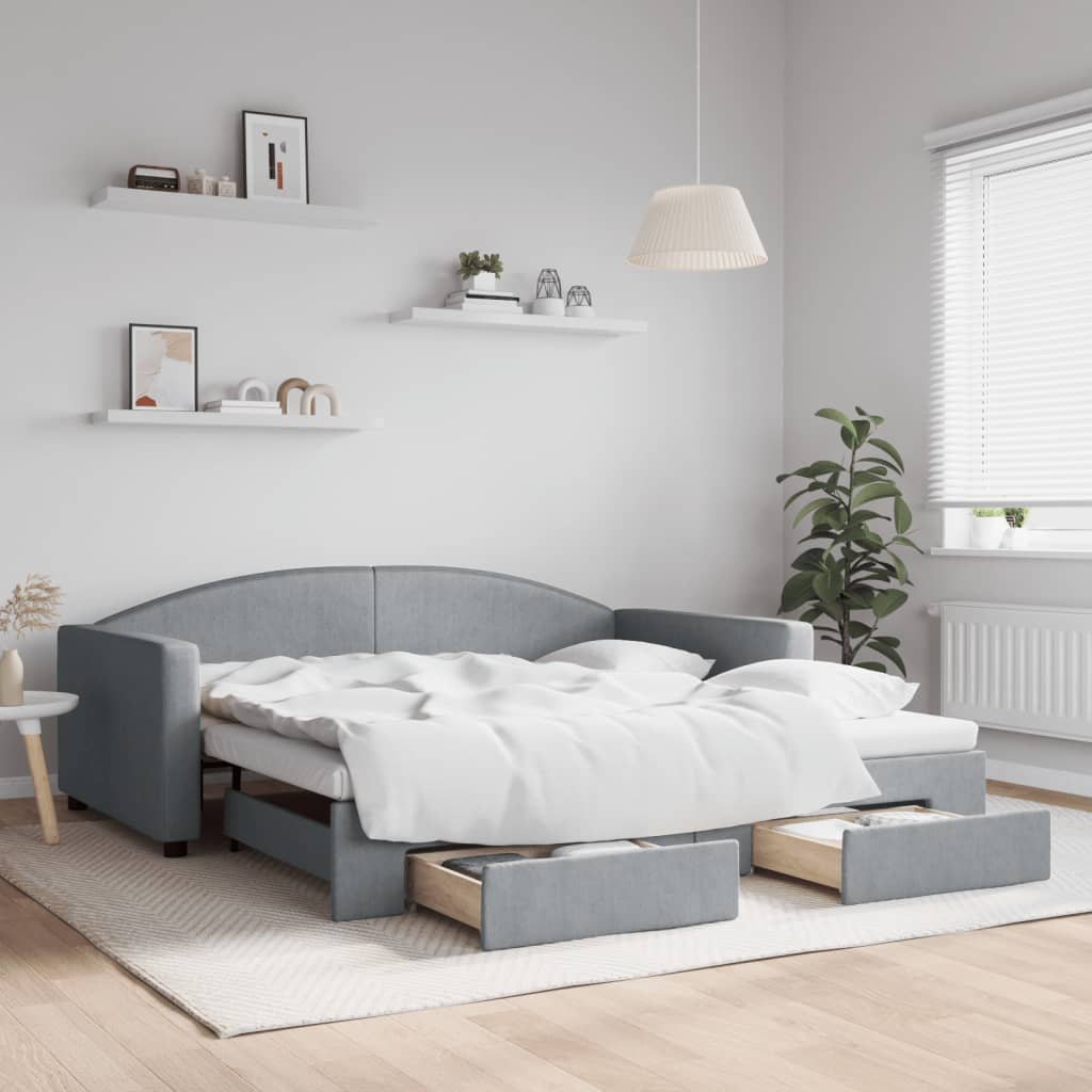 Slaapbank onderschuifbed lades 100x190 cm stof lichtgrijs (VS) is nu te koop bij PeponiXL, paradijselijk wonen!