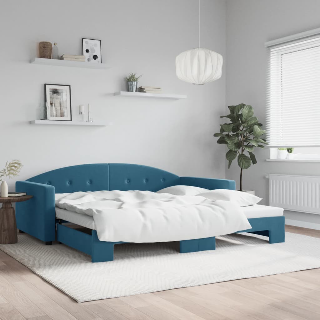 Slaapbank met onderschuifbed 100x200 cm fluweel blauw is nu te koop bij PeponiXL, paradijselijk wonen!
