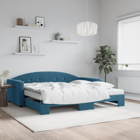 Slaapbank onderschuifbed en matrassen 100x200 cm fluweel blauw is nu te koop bij PeponiXL, paradijselijk wonen!