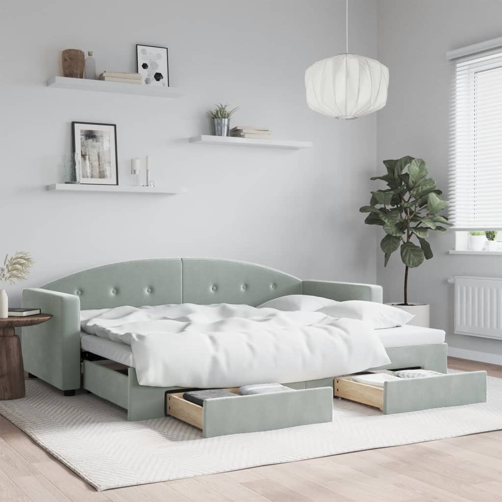 Slaapbank onderschuifbed en lades 80x200 cm fluweel lichtgrijs is nu te koop bij PeponiXL, paradijselijk wonen!