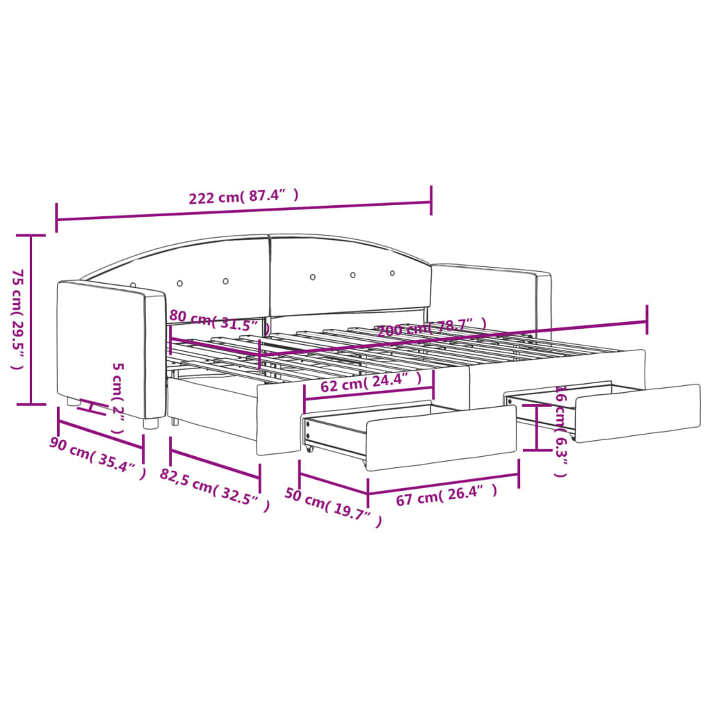 Slaapbank onderschuifbed en lades 80x200 cm fluweel donkergrijs is nu te koop bij PeponiXL, paradijselijk wonen!
