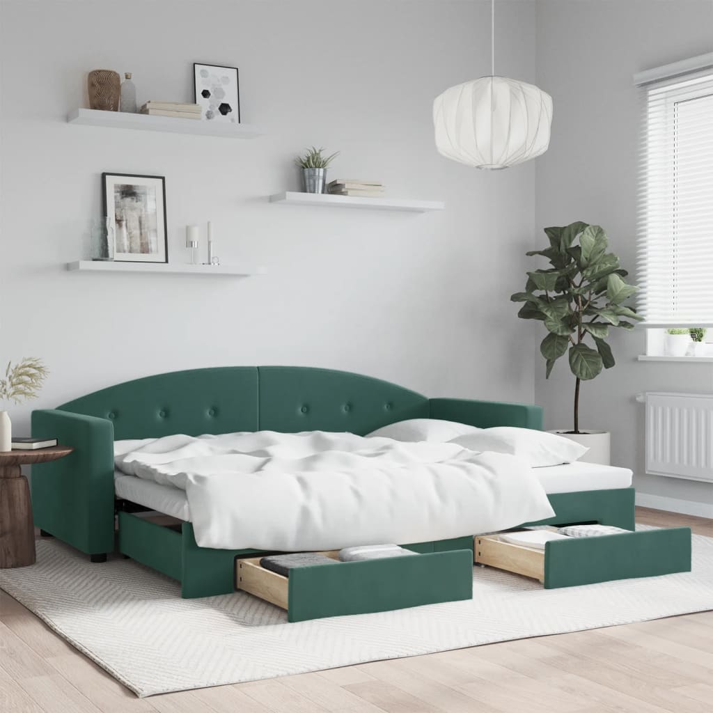Slaapbank onderschuifbed en lades 80x200 cm fluweel donkergroen is nu te koop bij PeponiXL, paradijselijk wonen!