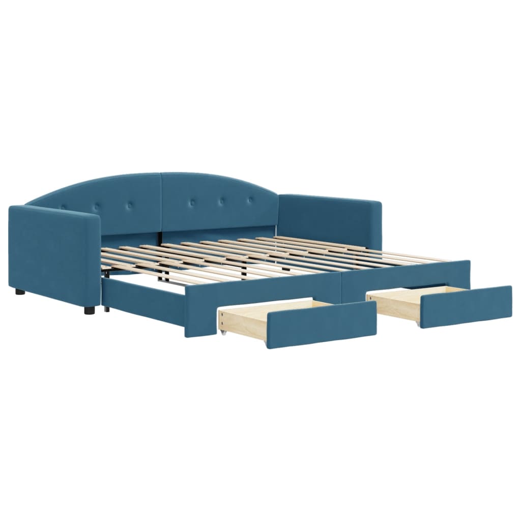 Slaapbank met onderschuifbed en lades 100x200 cm fluweel blauw is nu te koop bij PeponiXL, paradijselijk wonen!