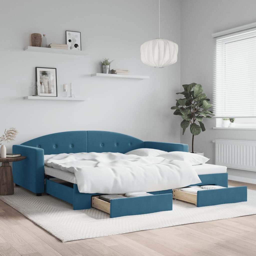 Slaapbank met onderschuifbed en lades 100x200 cm fluweel blauw is nu te koop bij PeponiXL, paradijselijk wonen!