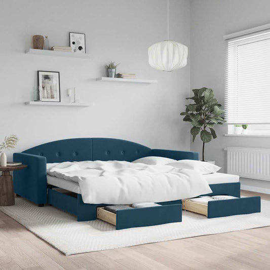 Slaapbank met onderschuifbed en lades 100x200 cm fluweel blauw is nu te koop bij PeponiXL, paradijselijk wonen!