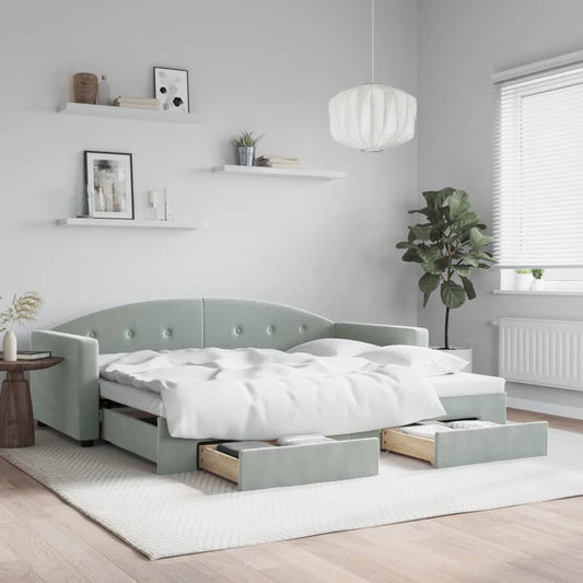 Slaapbank onderschuifbed en lades 90x190 cm fluweel lichtgrijs is nu te koop bij PeponiXL, paradijselijk wonen!
