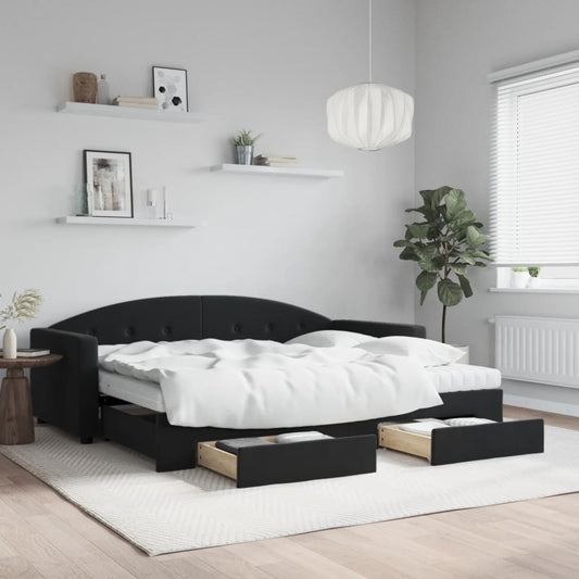 Slaapbank met onderschuifbed en lades 90x200 cm fluweel zwart is nu te koop bij PeponiXL, paradijselijk wonen!