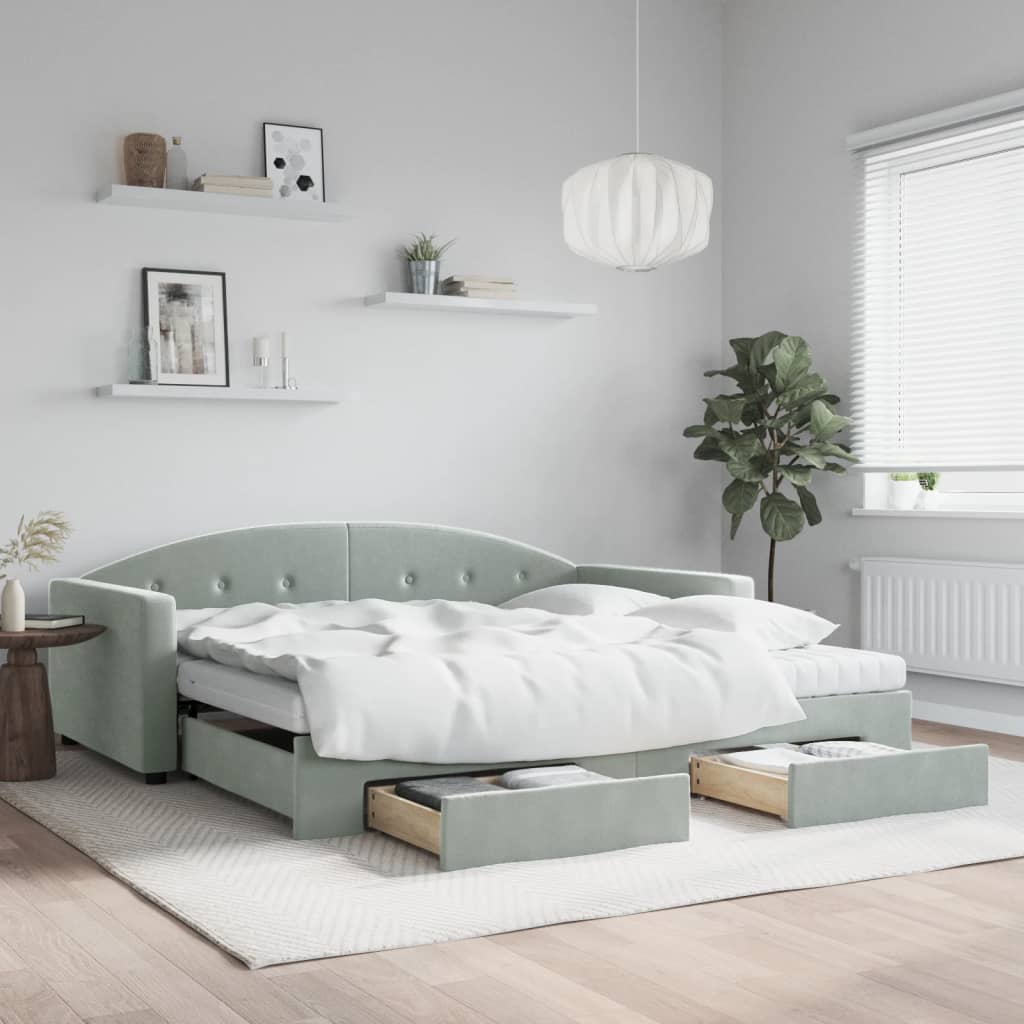 Slaapbank onderschuifbed en lades 100x200 cm fluweel lichtgrijs is nu te koop bij PeponiXL, paradijselijk wonen!