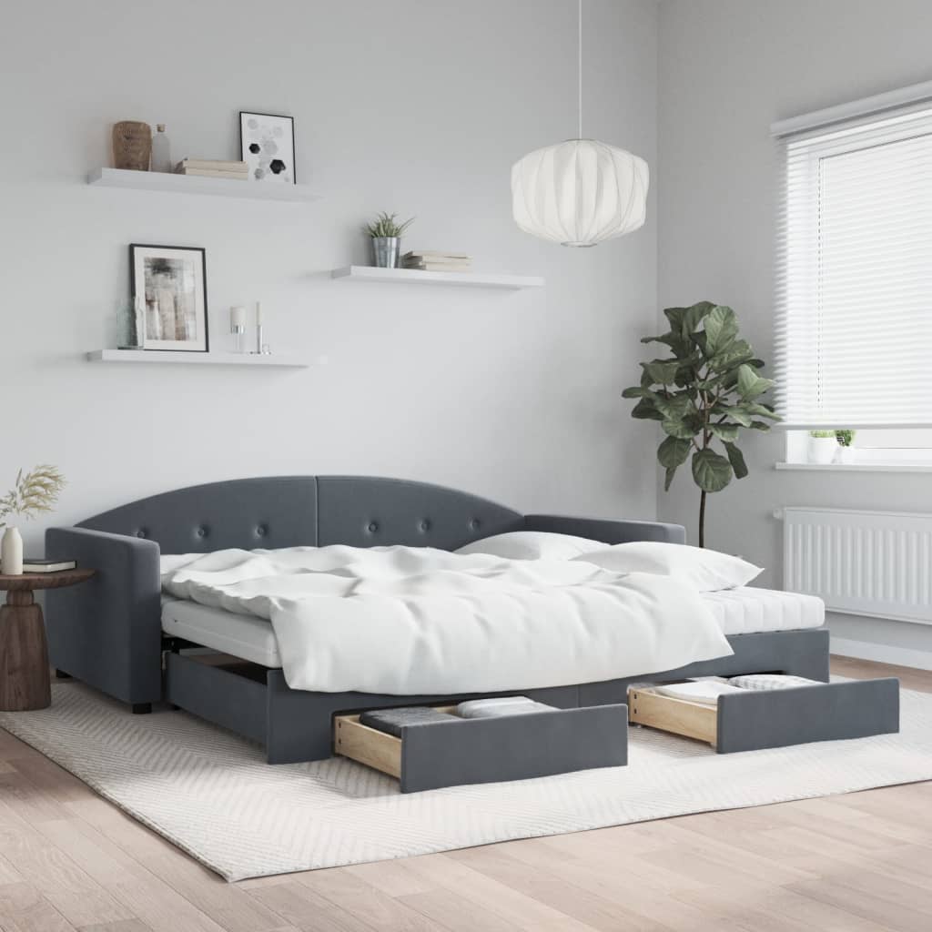 Slaapbank onderschuifbed lades 100x200 cm fluweel donkergrijs is nu te koop bij PeponiXL, paradijselijk wonen!
