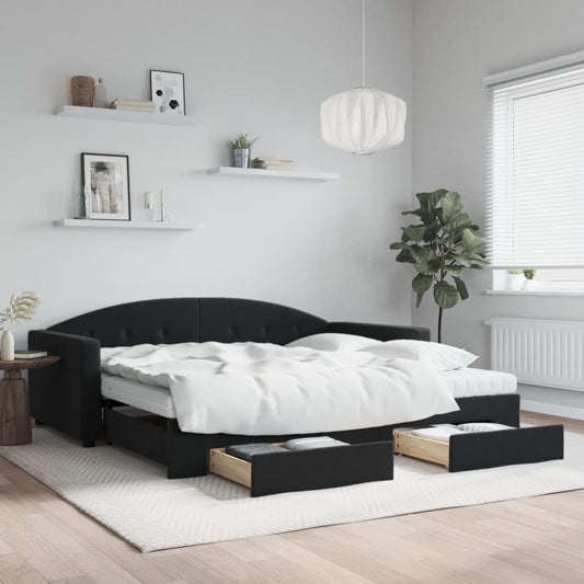 Slaapbank met onderschuifbed en lades 100x200 cm fluweel zwart is nu te koop bij PeponiXL, paradijselijk wonen!