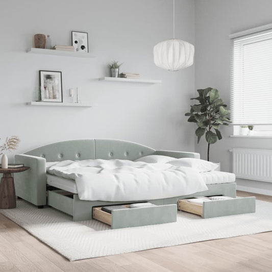 Slaapbank onderschuifbed en lades 90x190 cm fluweel lichtgrijs is nu te koop bij PeponiXL, paradijselijk wonen!