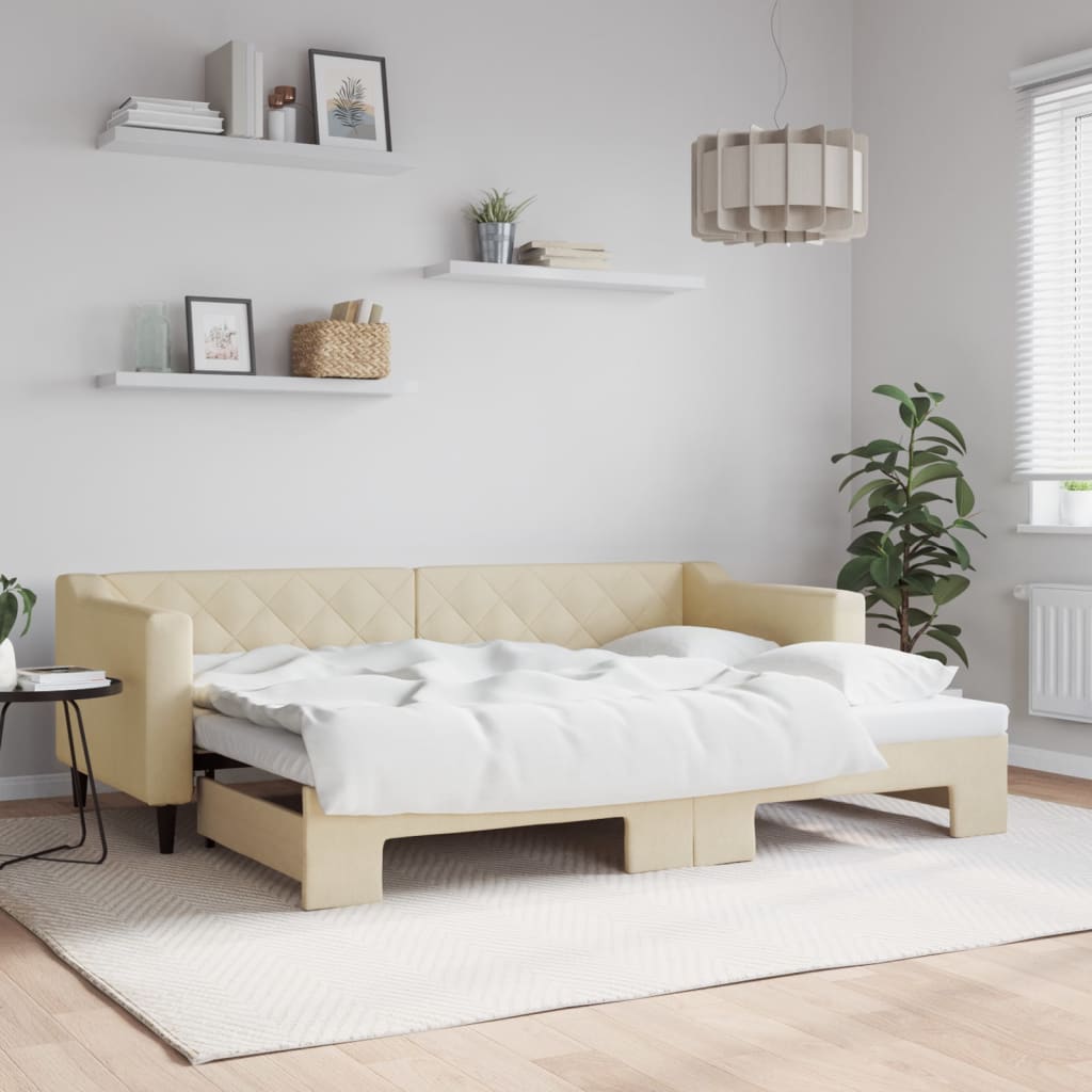Slaapbank met onderschuifbed 80x200 cm stof crèmekleurig is nu te koop bij PeponiXL, paradijselijk wonen!